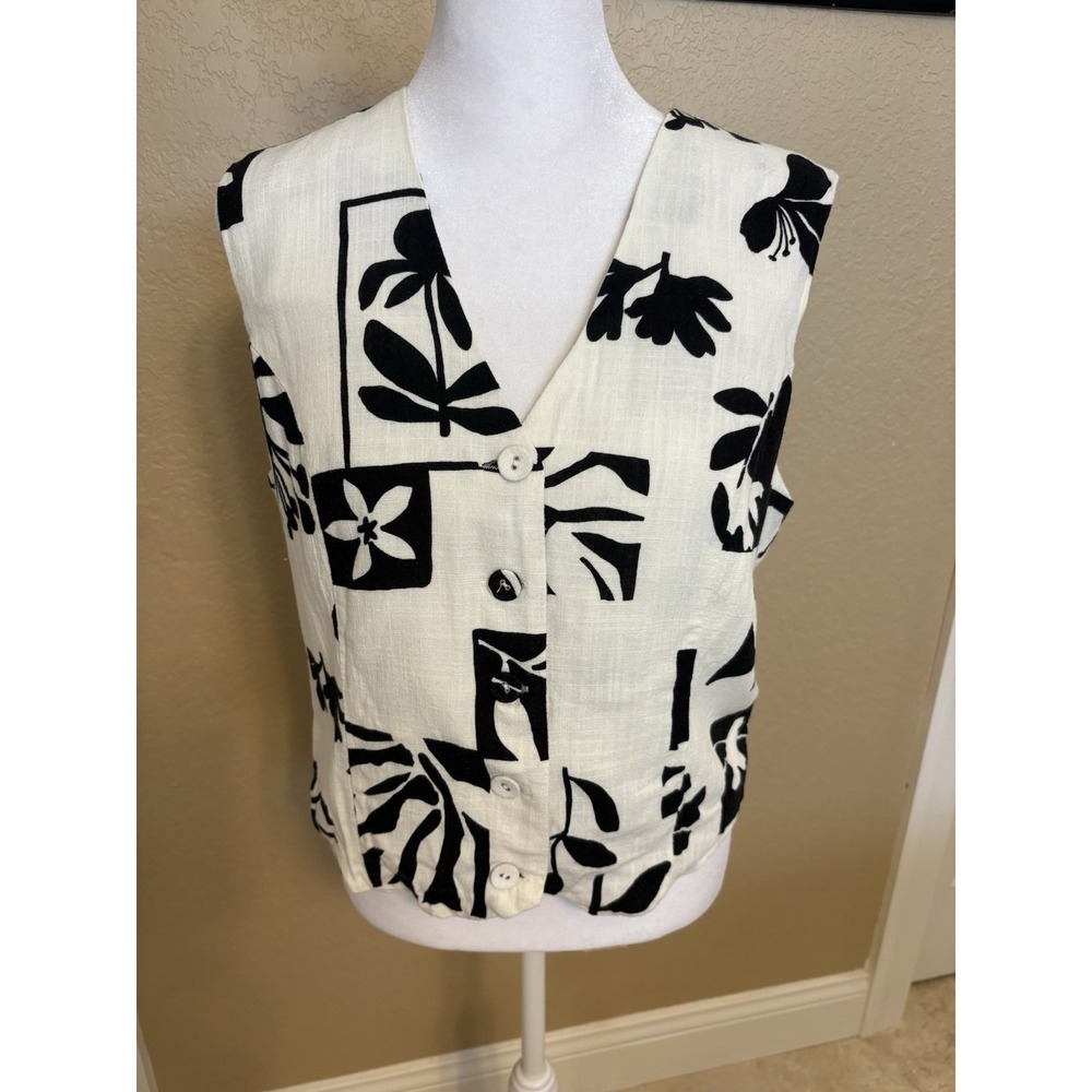 Paper Heart Black And White Floral Linen Blend Vest Top, Large